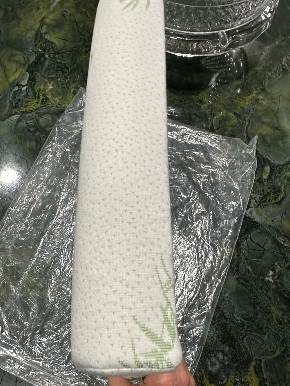 BAMBOO White Memory Foam Contour Pillow with Light Green Bamboo Print